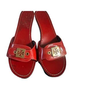 Tory Burch Red Slides with Gold Emblem